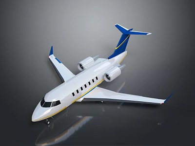 White Business Jet With Blue Tail Wings And Yellow Stripes Twin Engines On Gray Background 3d model