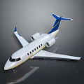 White Business Jet With Blue Tail Wings And Yellow Stripes Twin Engines On Gray Background