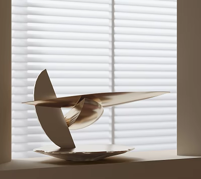 Elegant Metallic Streamlined Sculpture Artwork With Circular Base By Window Blinds 3d model