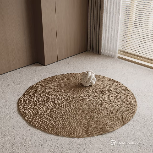 Round Brown Woven Rug on Light Floor with White Knotted Ball Decor and Window Blinds 3d model 