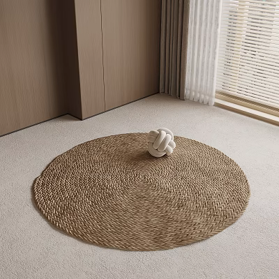 Round Brown Woven Rug on Light Floor with White Knotted Ball Decor and Window Blinds 3d model