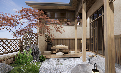 Japanese-style courtyard garden tea room 3d model