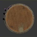 Circular Two Tiered Wooden Display Stand with Purple Curtains and Smooth Surface