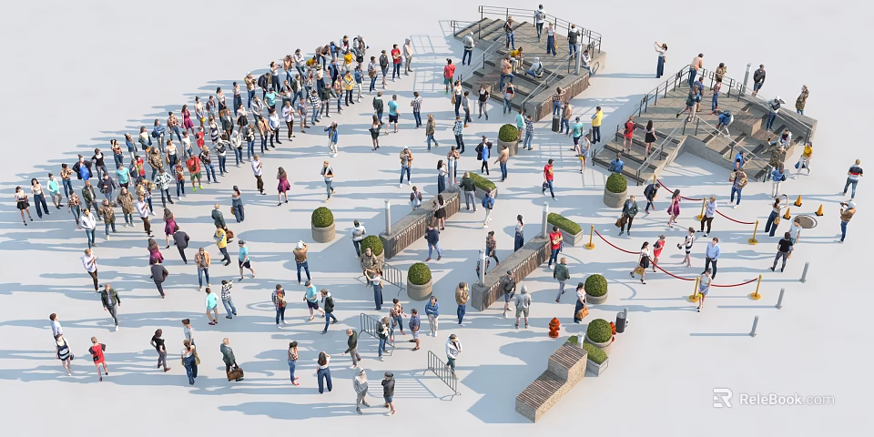 Crowd of People in Public Plaza Enjoying Gathering With Steps Greenery and Open Space 3d model 