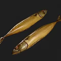 Two Dried Fish as Aquatic Animals with Golden Brown Color on Black Background