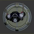 Armored Sci Fi Character With Green Eyes Standing On Circular Pedestal In Black Armor