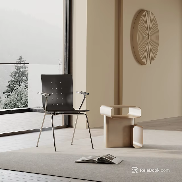 Modern Black Dining Chair With Metal Frame And Armrests In Stylish Interior With Side Table 3d model 