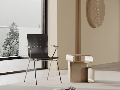 Modern Black Dining Chair With Metal Frame And Armrests In Stylish Interior With Side Table 3d model