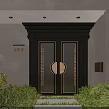 Modern Black Double Entrance Door With Metal Decor Frame House Number 902 And Greenery
