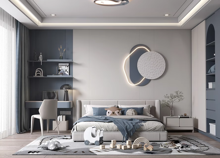 Modern Kids Room Interior With Gray Blue Bed Desk Chair Decorative Painting Rug And Toys 3d model 