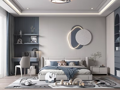 Modern Kids Room Interior With Gray Blue Bed Desk Chair Decorative Painting Rug And Toys 3d model