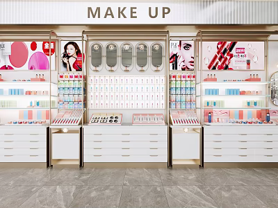Elegant Makeup Store Display Shelves With Organized Cosmetics And Decorative Mirrors 3d model