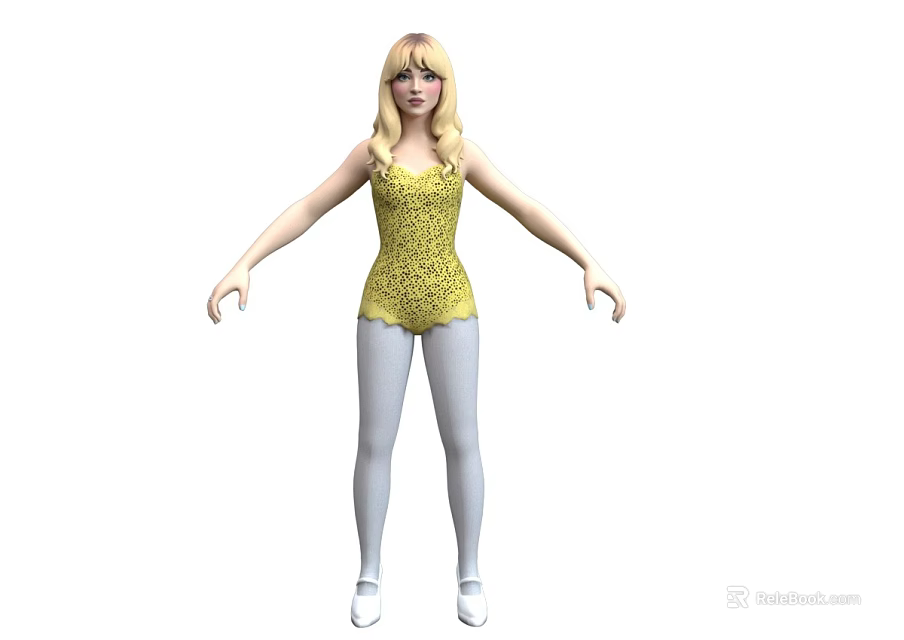 Woman With Blonde Hair Wearing Yellow Leotard White Tights And White Shoes 3d model 