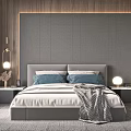 Modern Bedroom Interior Design With Grey Upholstered Headboard Wooden Walls And Table Lamps