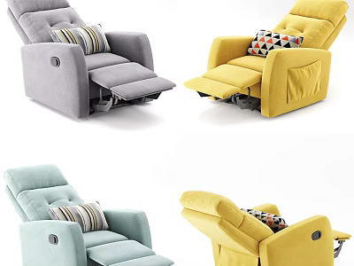Stylish Reclining Chairs With Gray Yellow Light Blue Upholstery Decorative Pillows And Adjustable Footrest 3d model
