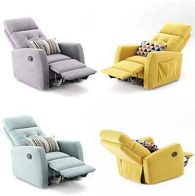 Stylish Reclining Chairs With Gray Yellow Light Blue Upholstery Decorative Pillows And Adjustable Footrest 3d model