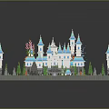 Cartoon Castle Scene With Blue Spires White Towers Green Trees And Pink Cherry Blossoms