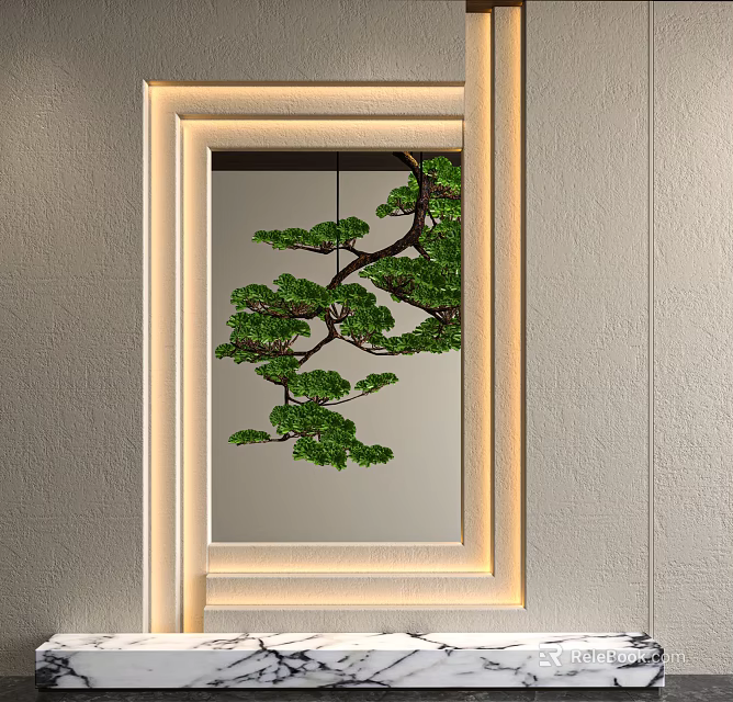 Gray Textured Background Wall With Beige Framed Green Pine Tree Artwork 3d model