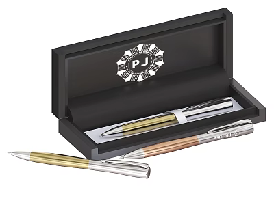Stylish Gold And Silver Pens In Black Presentation Box With PJ Logo 3d model