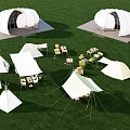 Campsite with white dome and teepee tents tables and chairs on green grass
