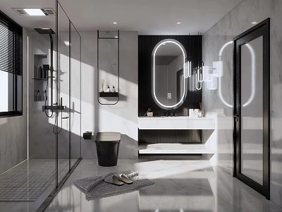 Modern Bathroom Interior Design With Glass Shower Floating Vanity And Round Backlit Mirror 3d model