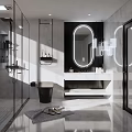 Modern Bathroom Interior Design With Glass Shower Floating Vanity And Round Backlit Mirror