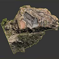 Wooden Stone Castle Model on Mountain Landscape With Green Vegetation Details