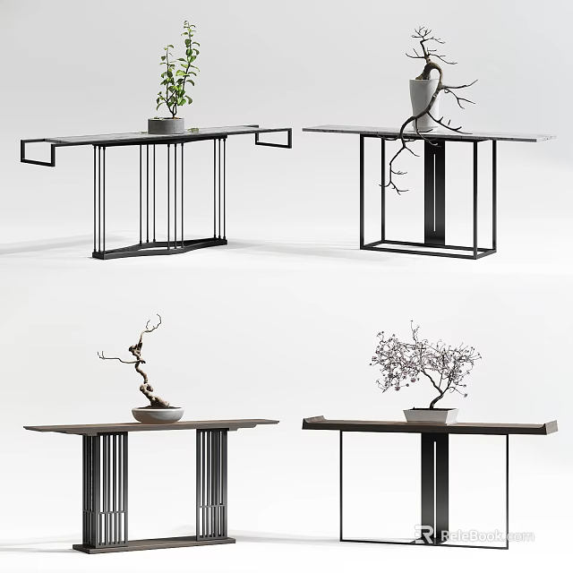 Modern Console Table Designs With Decorative Plants And Metal Frames 3d model