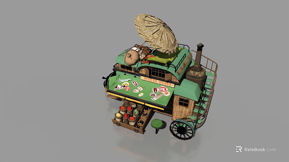 Functional Mobile Cart For Street Vending With Wooden Table Canopy And Cooking Supplies 3d model 