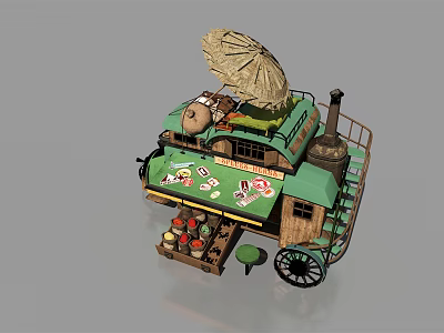 Functional Mobile Cart For Street Vending With Wooden Table Canopy And Cooking Supplies 3d model