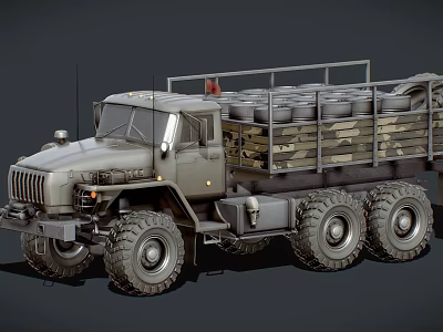 Military Heavy Duty Truck With Large Tires And Camouflage Cargo Bed Loaded With Barrels 3d model