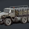 Military Heavy Duty Truck With Large Tires And Camouflage Cargo Bed Loaded With Barrels