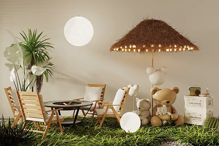 Camping Style Cafe Rest Area Camping Table and Chair Natural Camping Style Milk Tea Shop Green Plant Pile Outdoor Table and Chair Camping Light Camping Chair Landscape Sketch 3d model