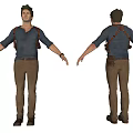 Male Figure In Blue Top Brown Pants With Straps Wrist Accessory And Outstretched Arms