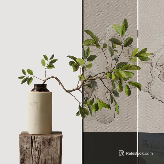 Natural Green Leafy Branches In Cream Ceramic Vase On Wooden Base With Line Art Screen 3d model 
