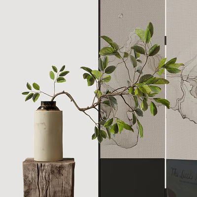 Natural Green Leafy Branches In Cream Ceramic Vase On Wooden Base With Line Art Screen 3d model