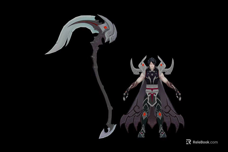 Fantasy Character in Dark Outfit with Red Accents Winged Shoulders and Scythe Weapon 3d model 