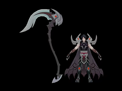 Fantasy Character in Dark Outfit with Red Accents Winged Shoulders and Scythe Weapon 3d model