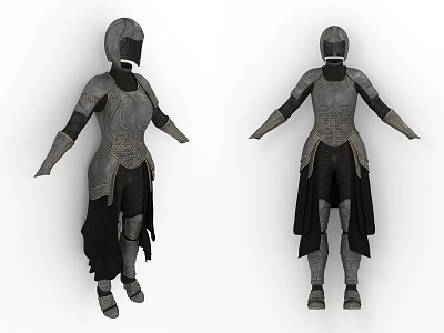 Medieval Warrior Armor Clothing With Metal Plates And Black Cloak Displayed In Different Angles 3d model