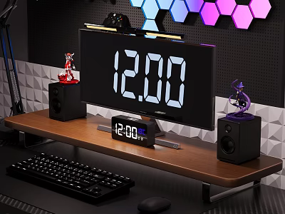 Wooden Desktop Shelf Setup With Monitor Keyboard Mouse Speakers Decorative Ornaments And Hexagon Lights 3d model