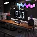 Wooden Desktop Shelf Setup With Monitor Keyboard Mouse Speakers Decorative Ornaments And Hexagon Lights