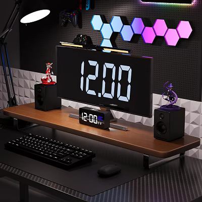 Wooden Desktop Shelf Setup With Monitor Keyboard Mouse Speakers Decorative Ornaments And Hexagon Lights 3d model