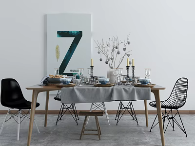 Modern Dining Table Set With Black Chairs Candles Branch Decor And Number Seven Wall Art 3d model