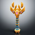 Ornate Mythical Scepter With Golden Blue Design Spiked Top And Purple Gemstone