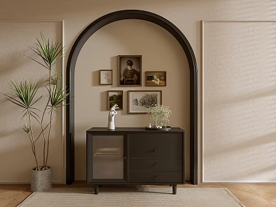Modern Entryway Console Table And Side Cabinet With Green Plant Photo Frames And Archway Decor 3d model
