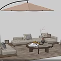 Comfortable Outdoor Sofa on Wooden Deck with Round Coffee Table and Cantilever Umbrella