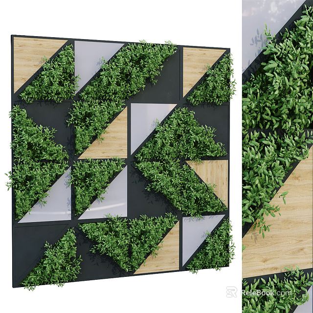Modern Geometric Living Wall with Green Foliage Wooden Panels and Black Frames 3d model 