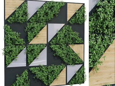 Modern Geometric Living Wall with Green Foliage Wooden Panels and Black Frames 3d model