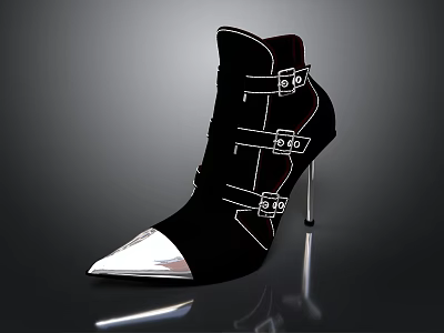 Modern Black High Heel Ankle Boots With Silver Toe Cap And Metallic Buckles Design 3d model