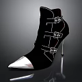 Modern Black High Heel Ankle Boots With Silver Toe Cap And Metallic Buckles Design